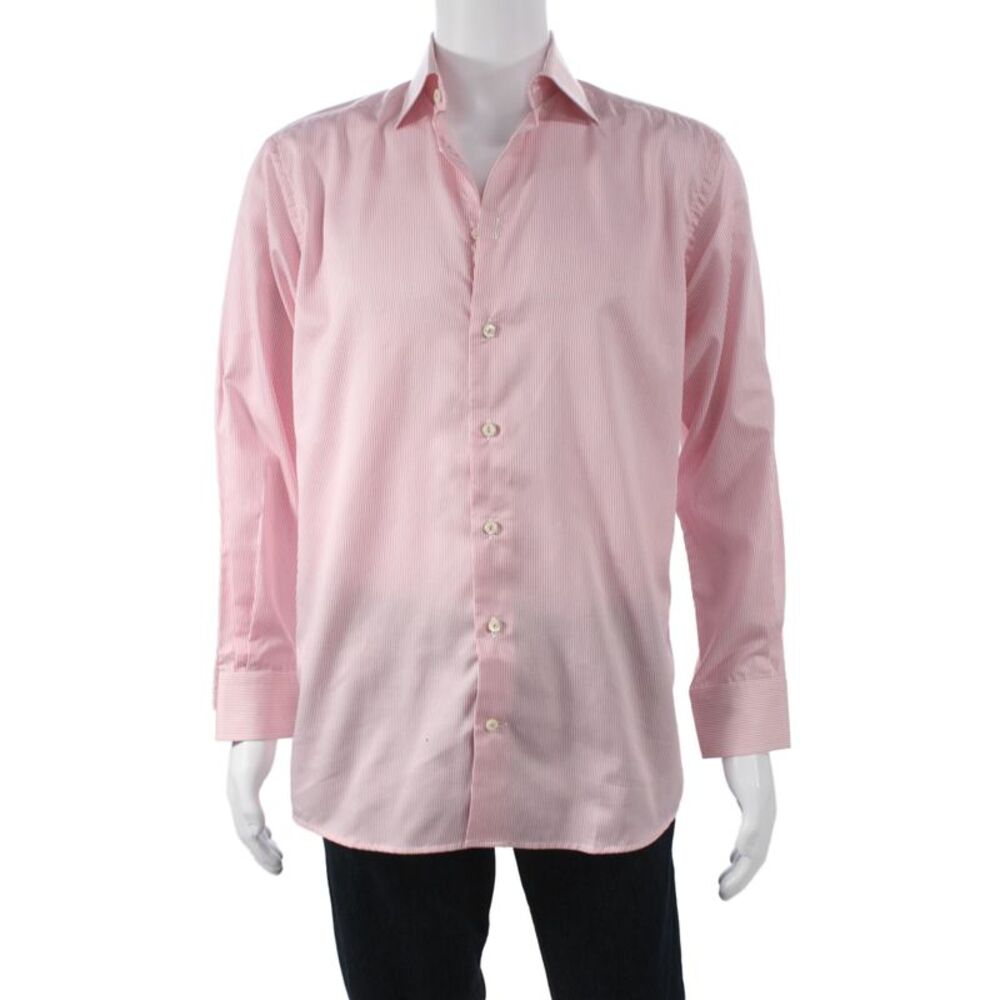 Eton Mens Pink Striped 100% Cotton Dress Shirt 36/37 Sleeve Size 16